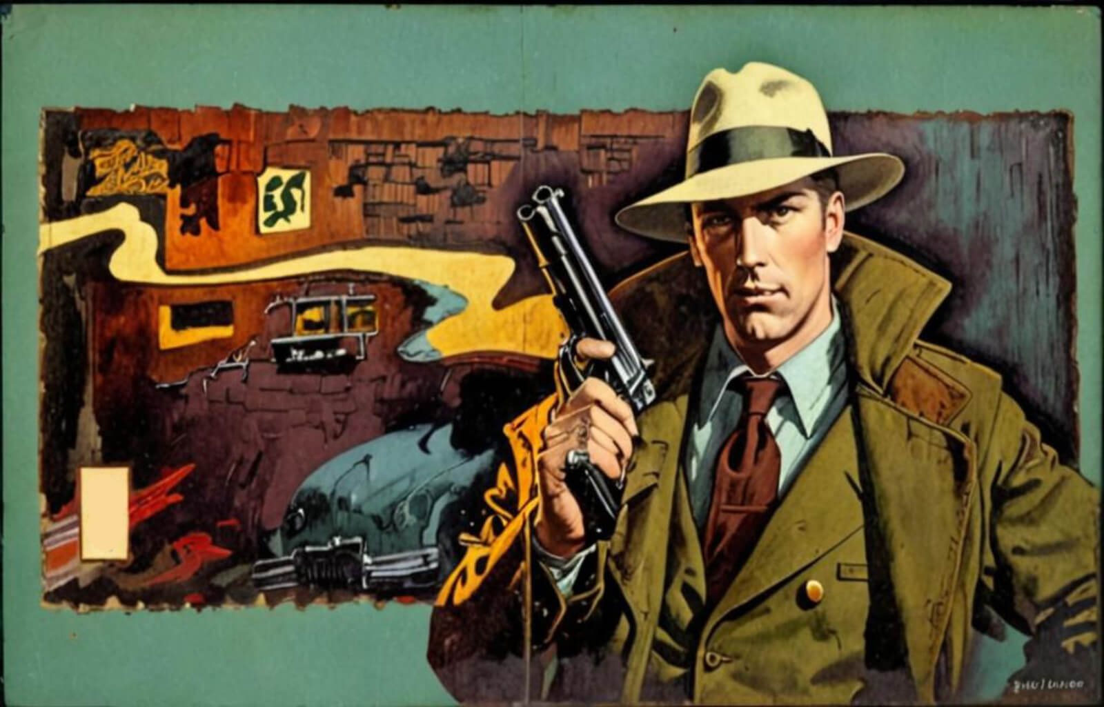 A man in a trench coat and fedora faces the camera, gripping a pistol held upright by his shoulder.